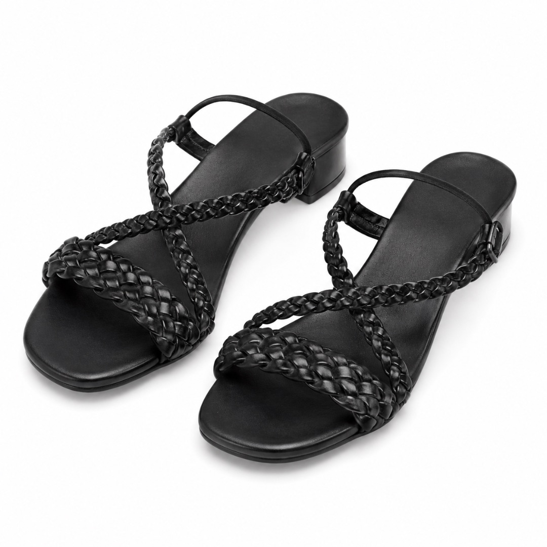 Black Braided Multi Strap Flat Sandals